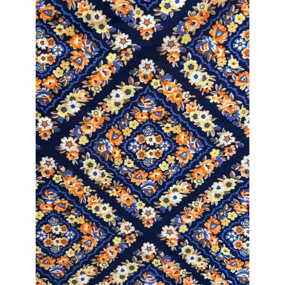 Vintage Unbranded Floral Fabric Retro 70s Mod Bohemian Geometric Medallion Navy